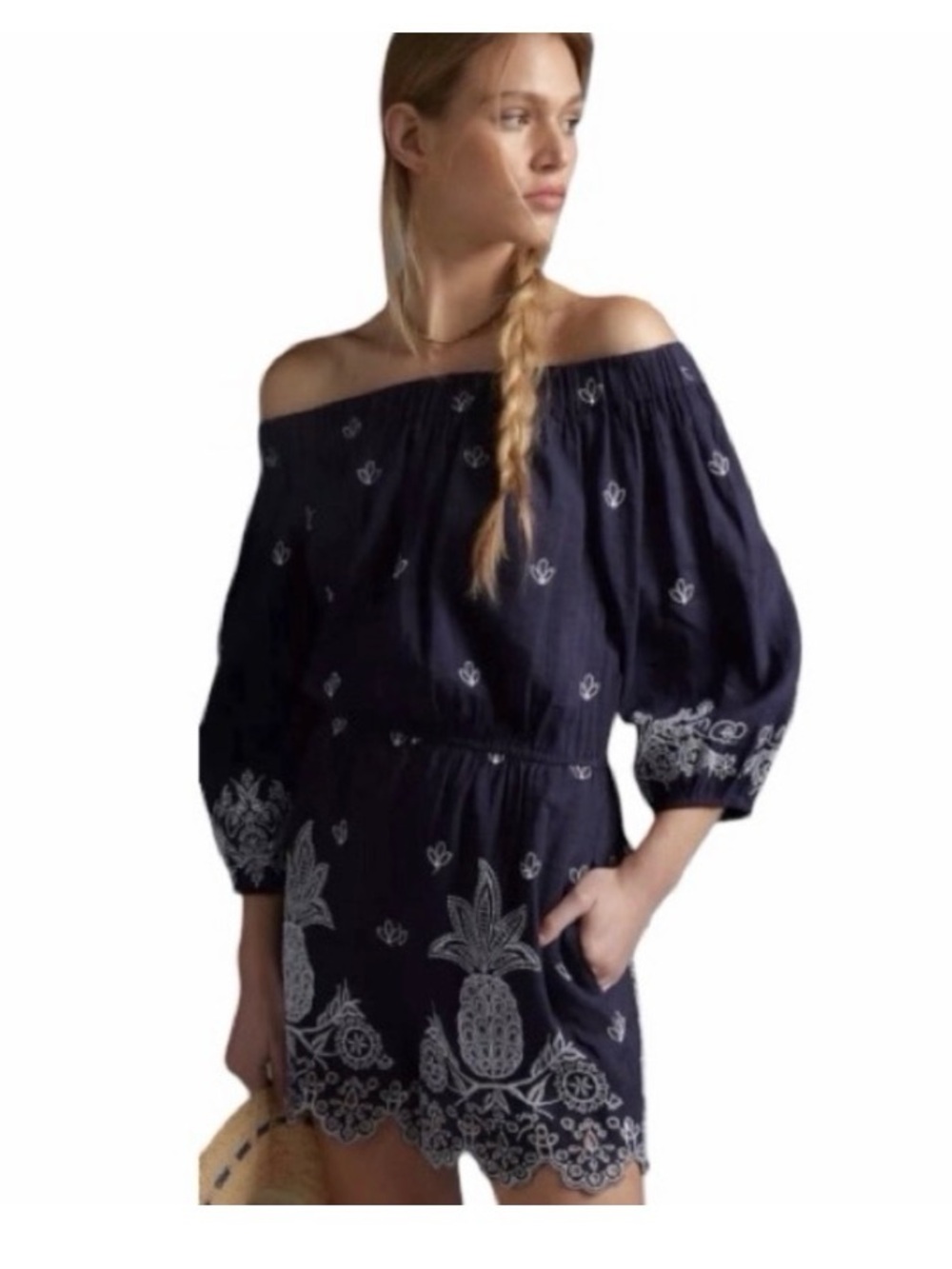 FARM Rio x Anthropologie Navy Blue Jackie Embroidered off Shoulder Romper Size M